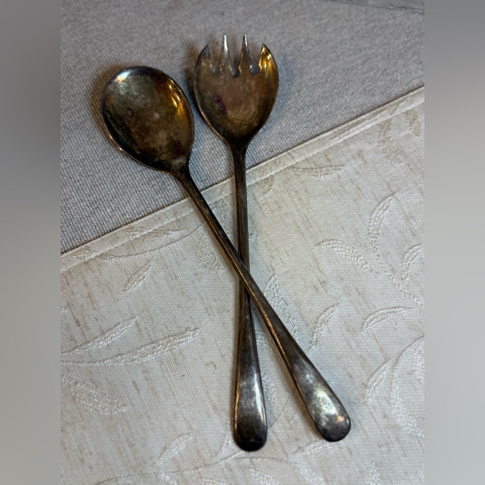 Large 9" Silver Plated Italy Salad Serving Set - Elegant Hostess Gift - Vintage - Picture 1 of 9